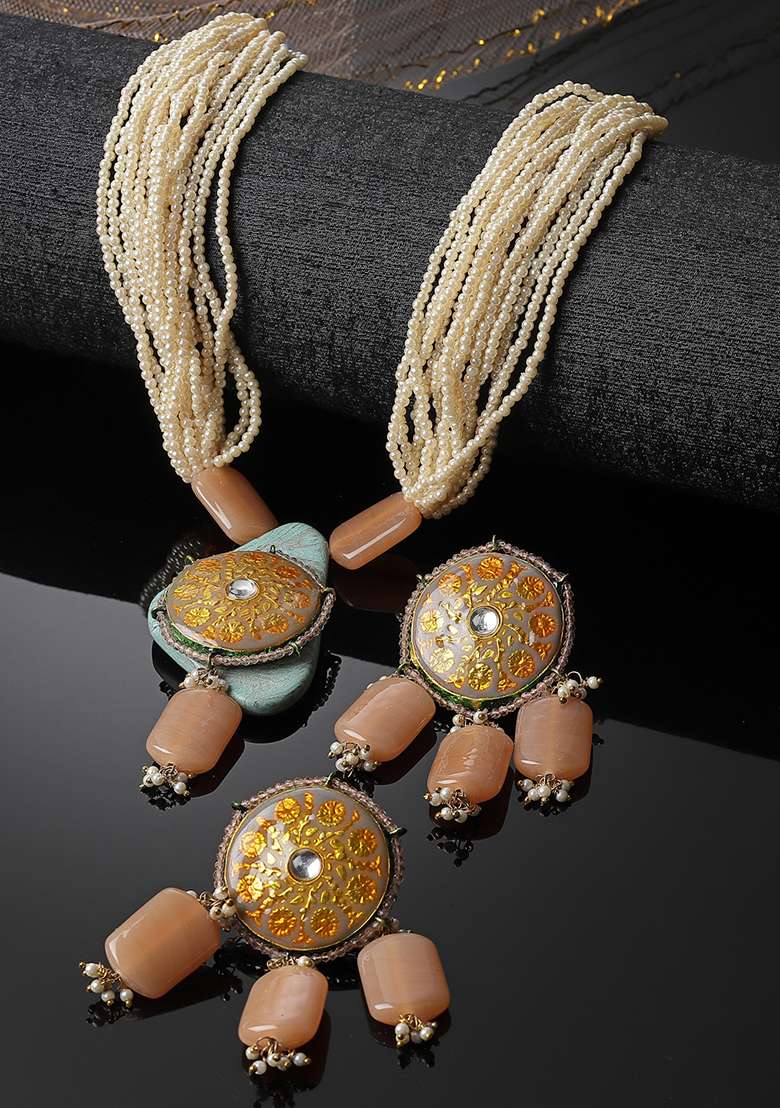 Orange And Grey Gold Plated Kundan Pearl Necklace with Earring Necklace sets - Indya