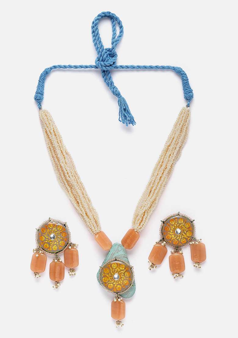 Orange And Grey Gold Plated Kundan Pearl Necklace with Earring Necklace sets - Indya