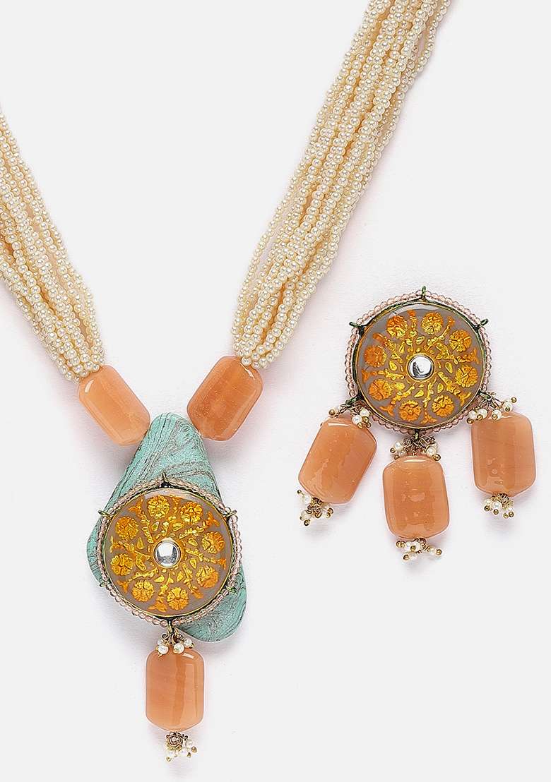 Orange And Grey Gold Plated Kundan Pearl Necklace with Earring Necklace sets - Indya