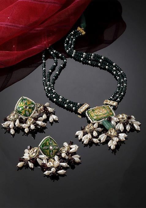 Green And Yellow Gold Plated Kundan Pearl Necklace with Earring Necklace sets