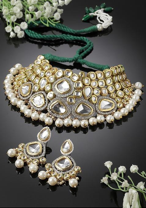 Green Gold Plated Kundan American Diamond Necklace with Earring Necklace sets