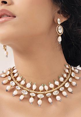 Gold Plated Polki Pearl Choker Necklace Set