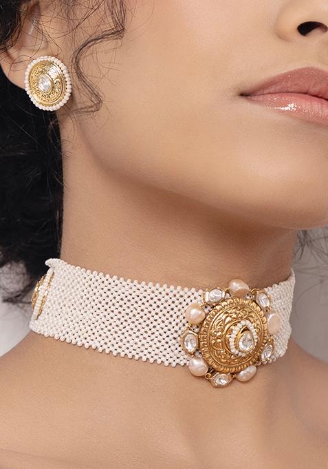 Gold Plated Polki Pearl Choker Necklace Set