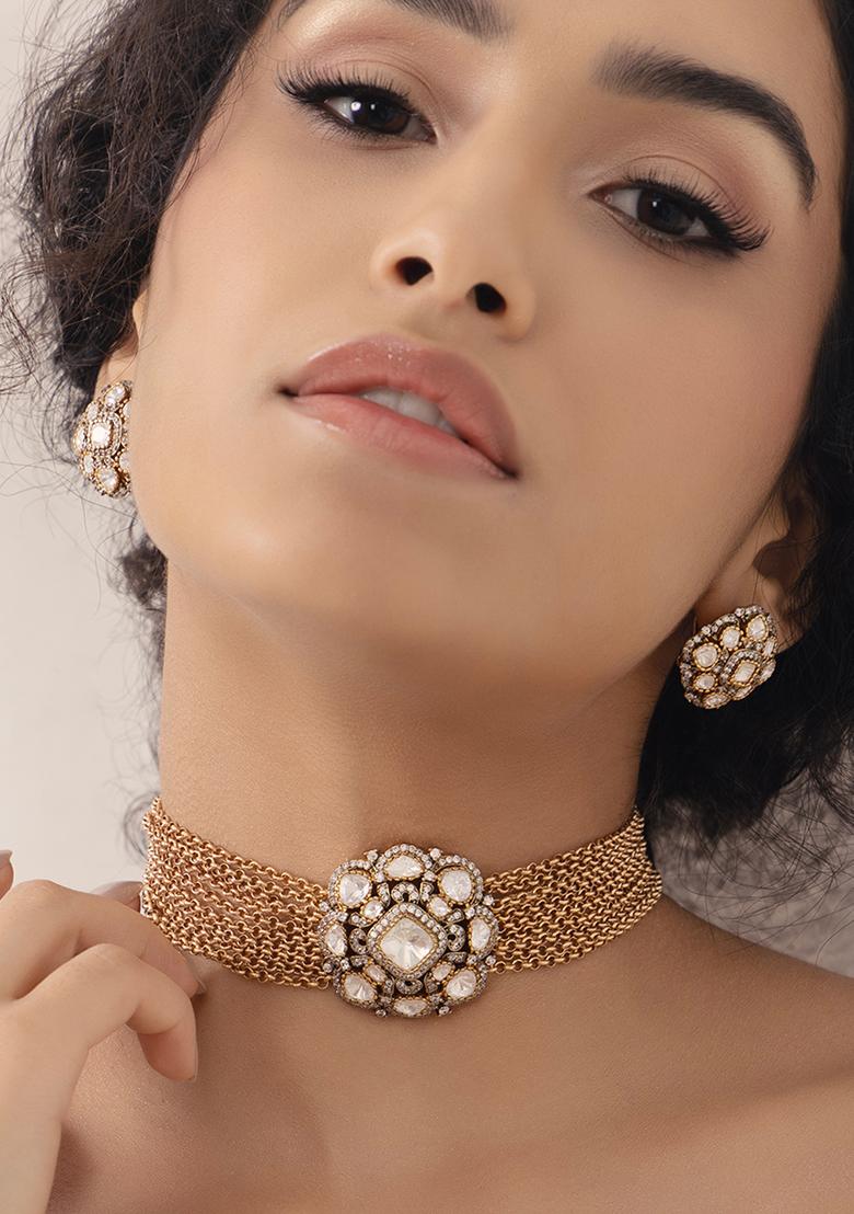 Gold Plated Polki Pearl Choker Necklace Set - Indya