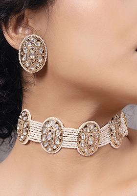 Gold Plated Polki Pearl Necklace Set