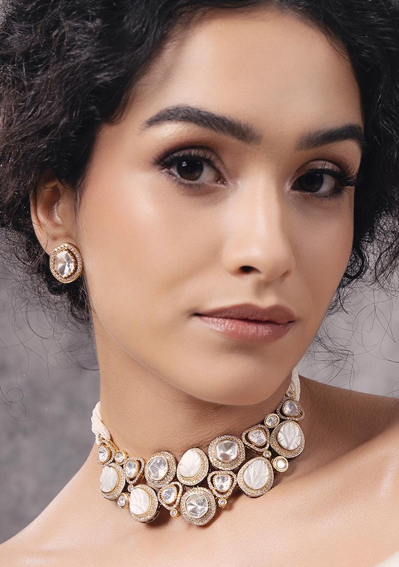 Gold Plated Polki Pearl Necklace Set - Indya