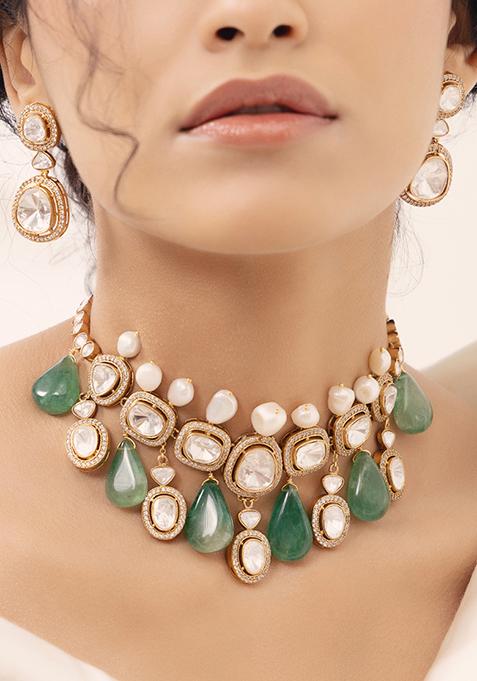 Gold Plated Polki Pearl Necklace Set