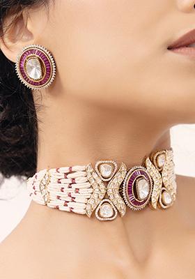 Gold Plated Polki Pearl Choker Necklace Set