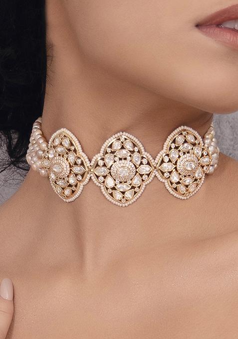 Gold Plated Polki Pearl Choker Necklace Set