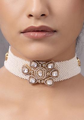 Gold Plated Polki Pearl Choker Necklace Set