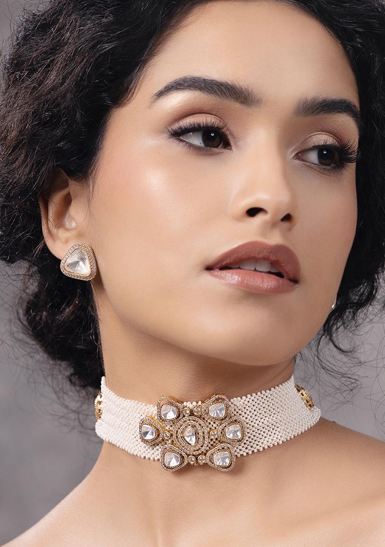 Gold Plated Polki Pearl Choker Necklace Set - Indya