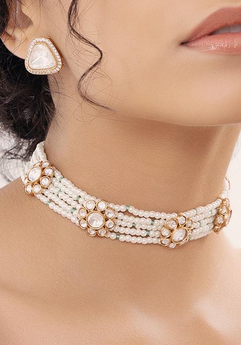 Gold Plated Polki Pearl Necklace Set