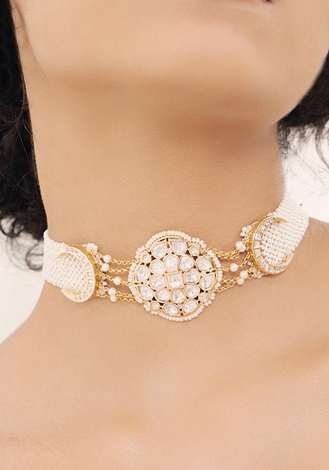 Gold Plated Polki Pearl Choker Necklace Set