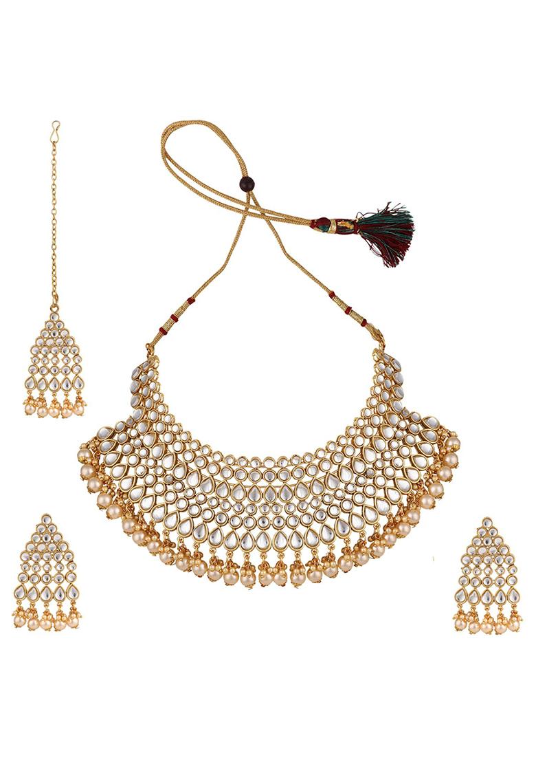 Gold Plated Kundan Necklace Set With Maang Tikka - Indya