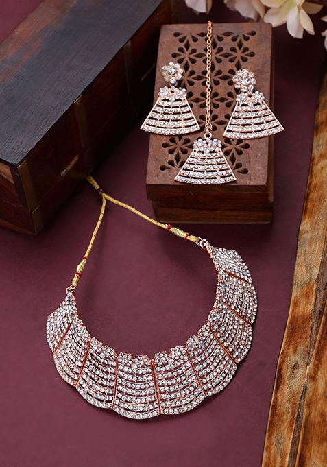 Rose Gold Plated American Diamond Necklace Set With Maang Tikka