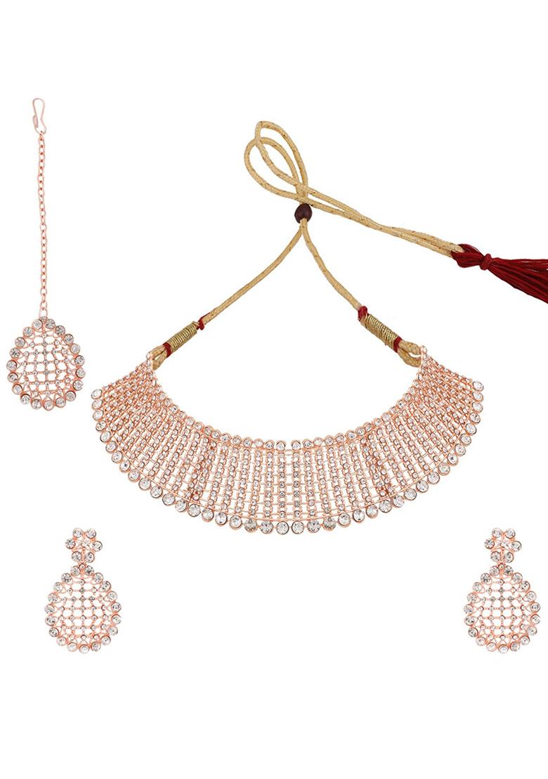 Rose Gold Plated American Diamond Necklace Set With Maang Tikka - Indya