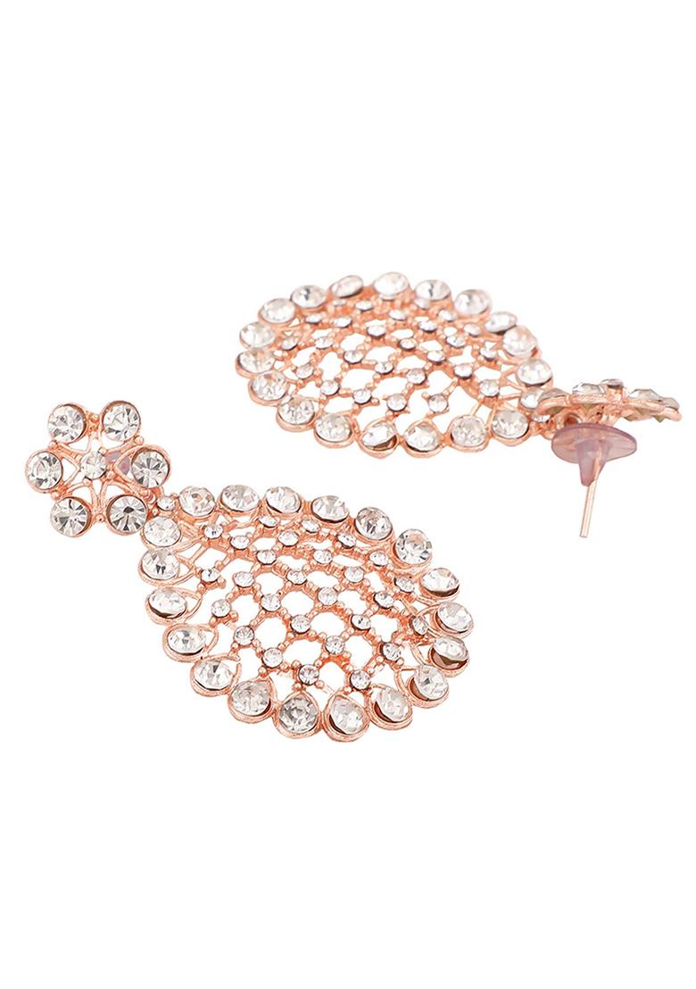 Rose Gold Plated American Diamond Necklace Set With Maang Tikka - Indya