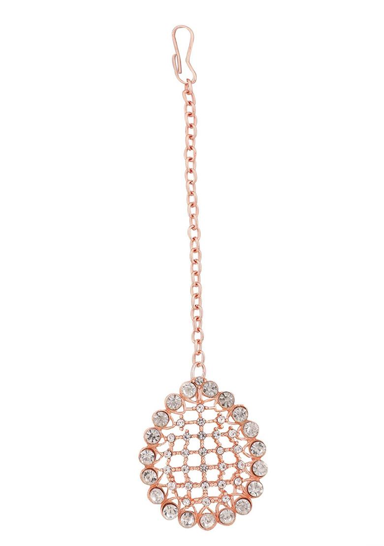 Rose Gold Plated American Diamond Necklace Set With Maang Tikka - Indya