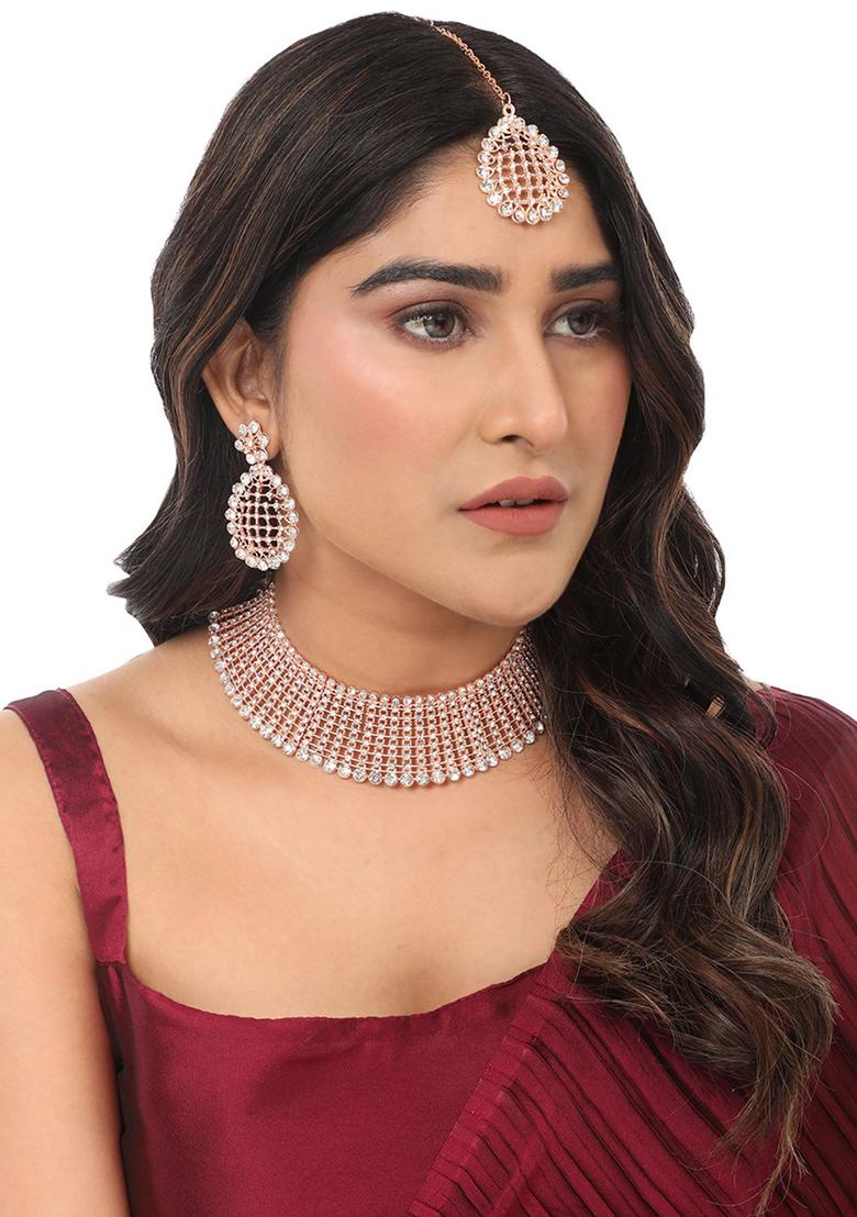 Rose Gold Plated American Diamond Necklace Set With Maang Tikka - Indya