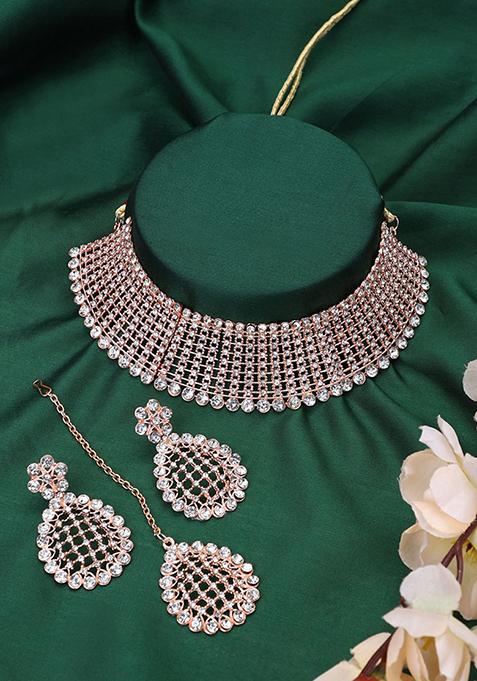 Rose Gold Plated American Diamond Necklace Set With Maang Tikka