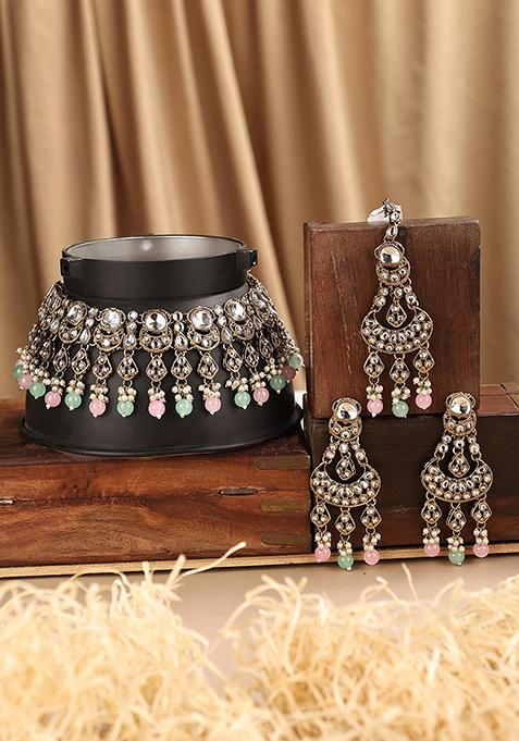 Pink Cubic Zirconia Necklace Set With Maang Tikka