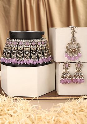Pink Cubic Zirconia Necklace Set With Maang Tikka