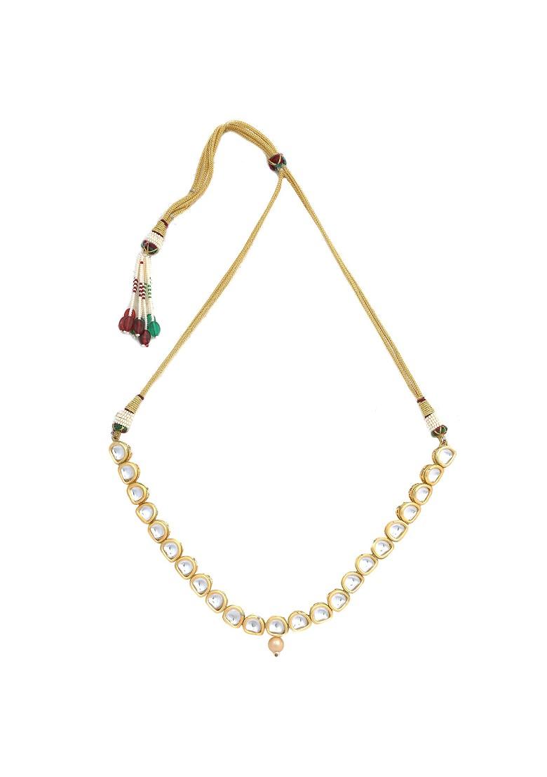 Golden Kundan Meenakari Work Necklace Set With Maang Tikka - Indya