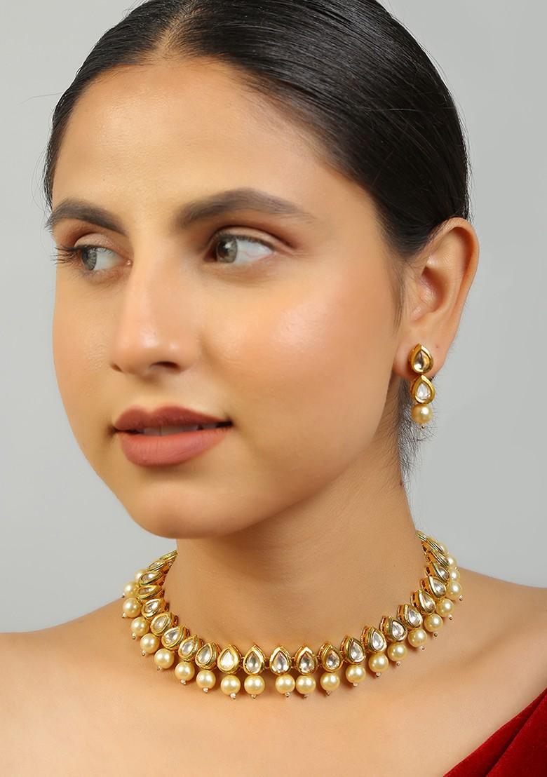 Golden Kundan Meenakari Work Necklace Set - Indya
