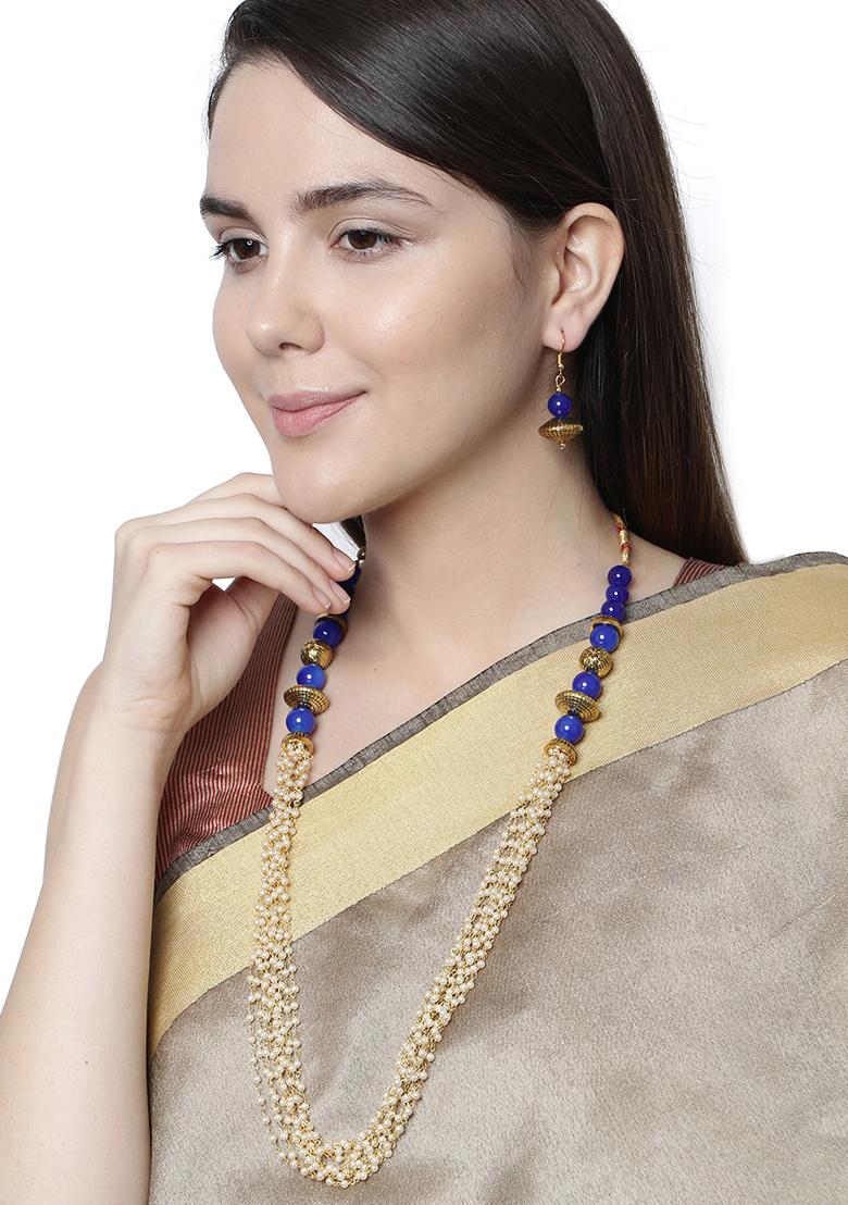 Blue Gold Plated Bead Necklace Set - Indya