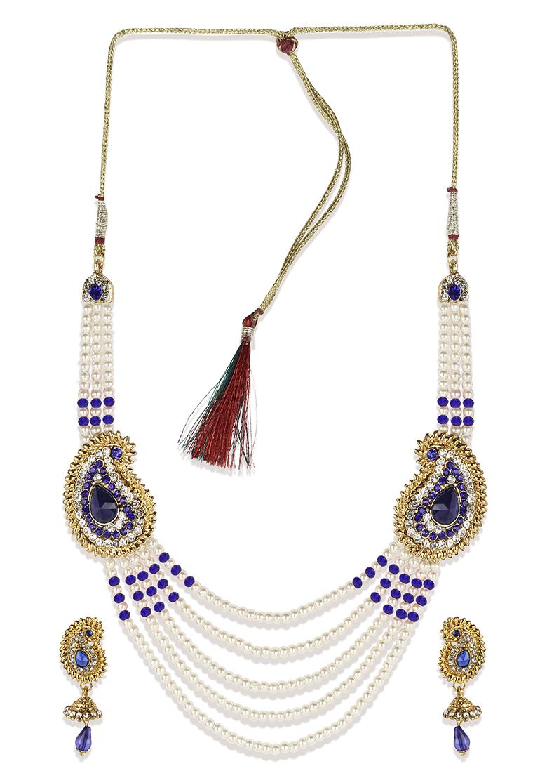 Blue Gold Plated Artificial Stone And Bead Necklace Set - Indya