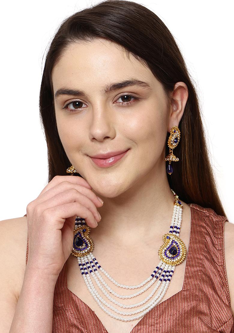Blue Gold Plated Artificial Stone And Bead Necklace Set - Indya