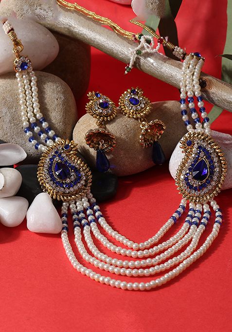 Blue Gold Plated Artificial Stone And Bead Necklace Set