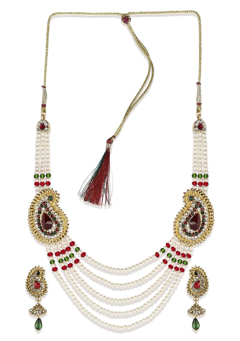 Multicolour Gold Plated Artificial Stone And Bead Necklace Set