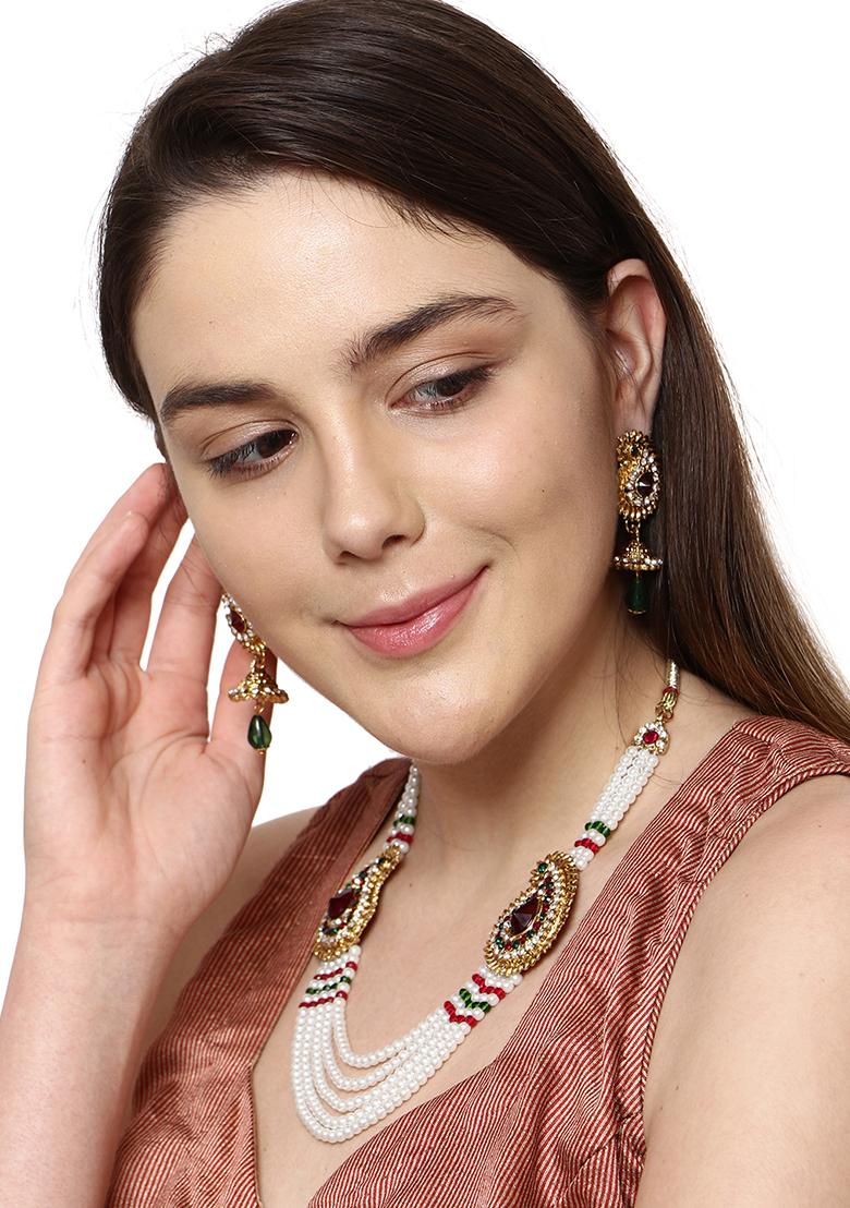 Multicolour Gold Plated Artificial Stone And Bead Necklace Set