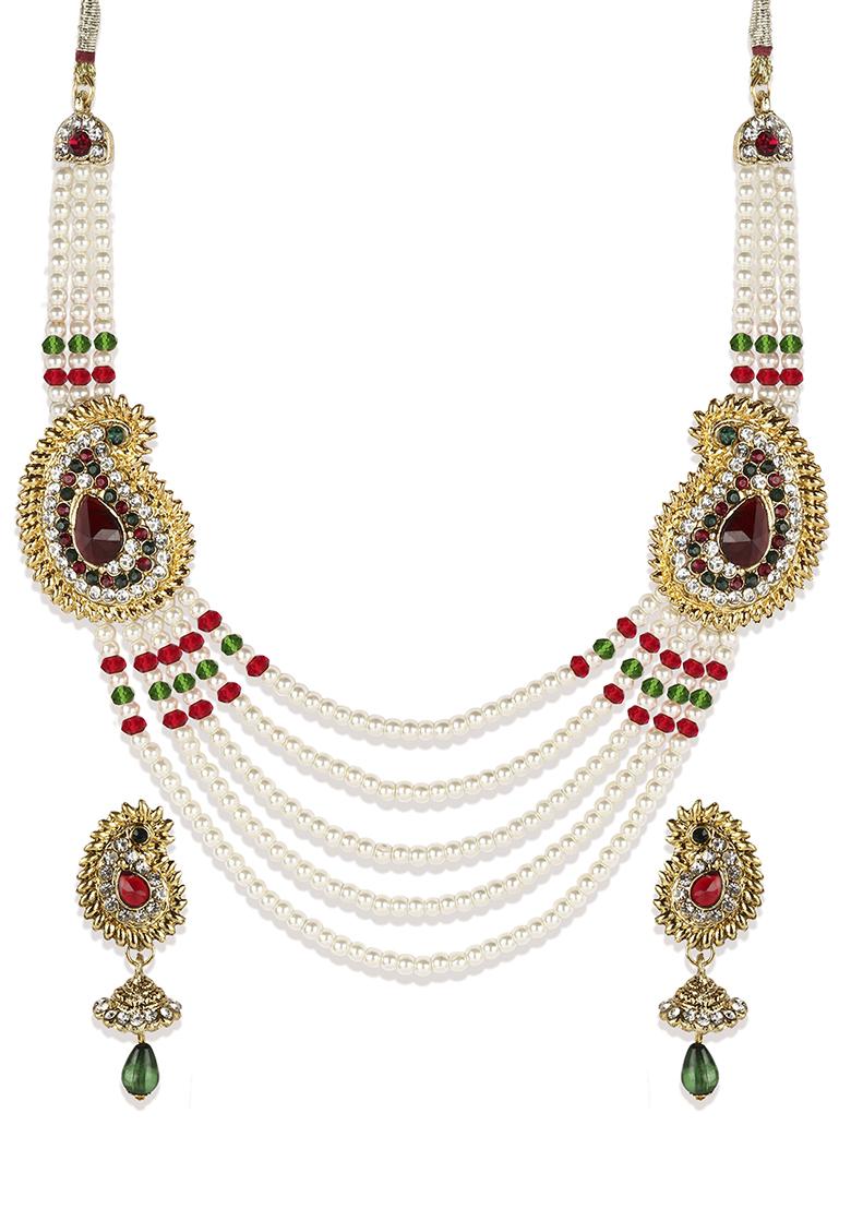 Multicolour Gold Plated Artificial Stone And Bead  Necklace Set - Indya