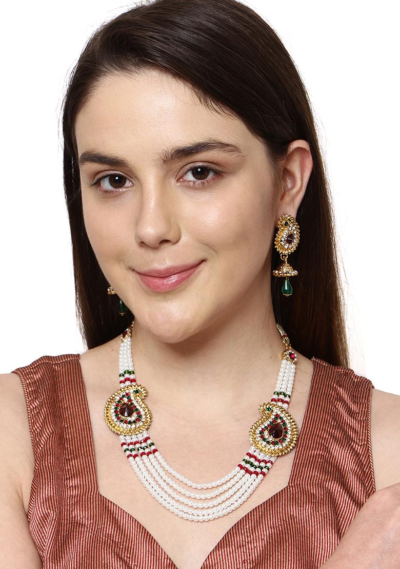 Multicolour Gold Plated Artificial Stone And Bead Necklace Set
