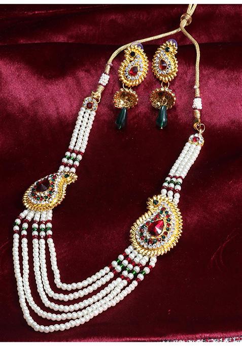 Multicolour Gold Plated Artificial Stone And Bead  Necklace Set