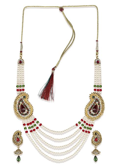 Multicolour Gold Plated Artificial Stone And Bead Necklace Set