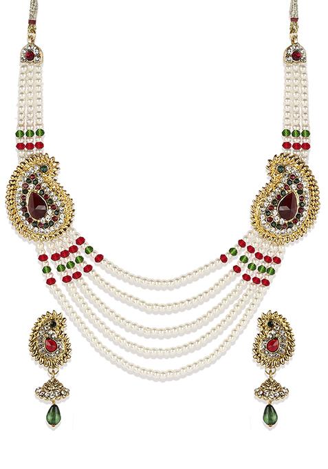 Multicolour Gold Plated Artificial Stone And Bead Necklace Set