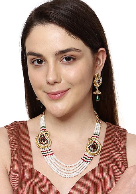 Multicolour Gold Plated Artificial Stone And Bead Necklace Set
