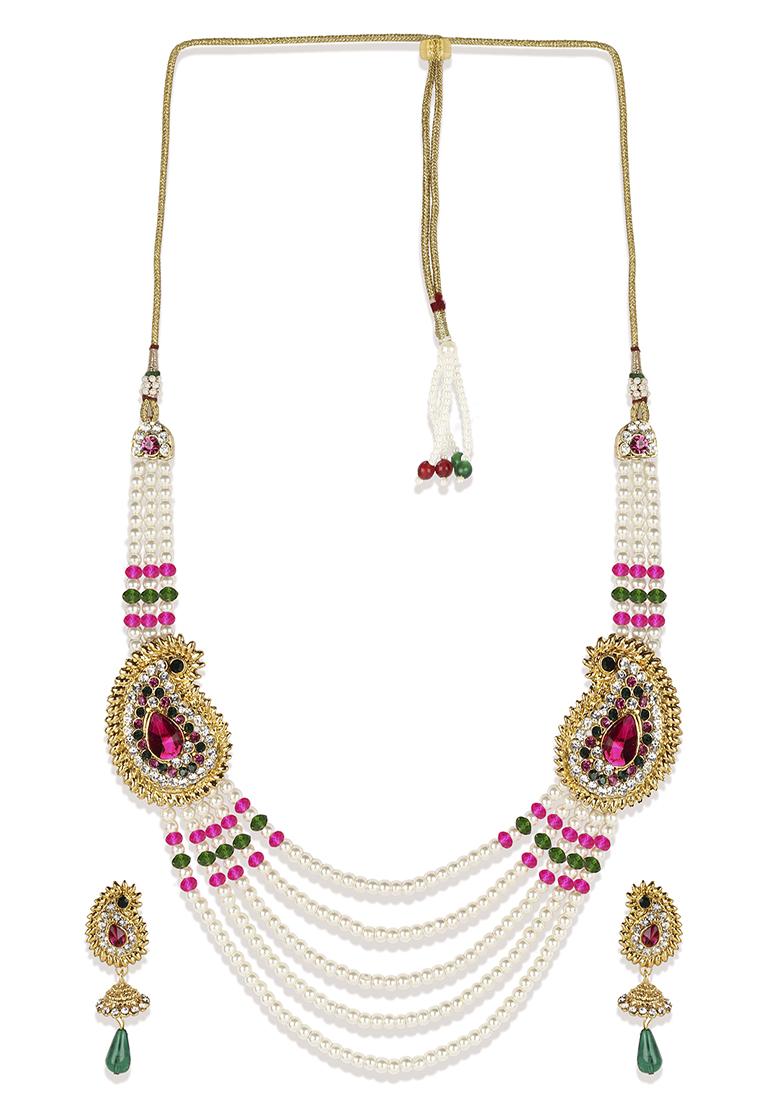 Multicolour Color Gold Plated Artificial Stone And Bead Necklace Set