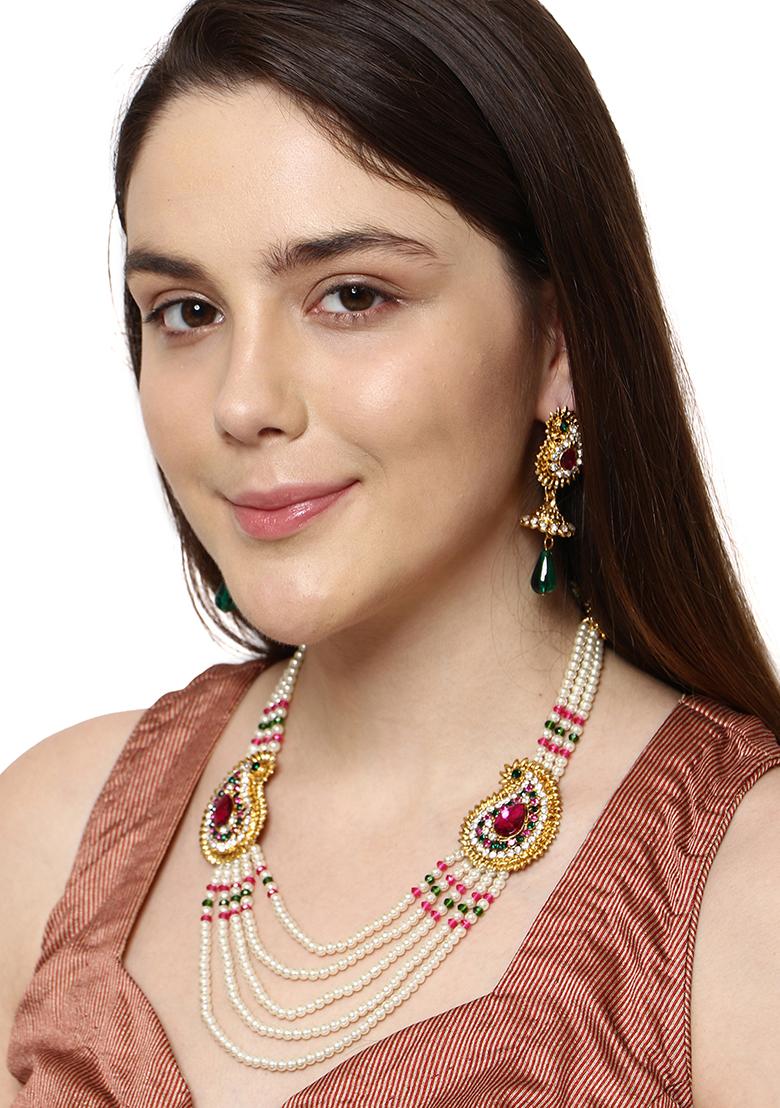 Multicolour Color Gold Plated Artificial Stone And Bead Necklace Set