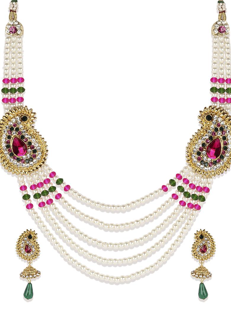 Multicolour Color Gold Plated Artificial Stone And Bead Necklace Set