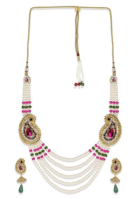Multicolour Color Gold Plated Artificial Stone And Bead Necklace Set