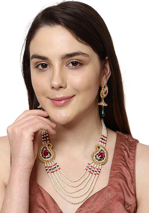 Multicolour Color Gold Plated Artificial Stone And Bead Necklace Set