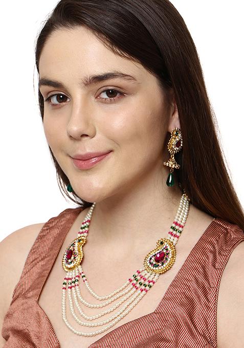 Multicolour Color Gold Plated Artificial Stone And Bead Necklace Set