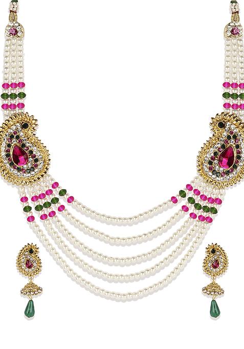 Multicolour Color Gold Plated Artificial Stone And Bead Necklace Set