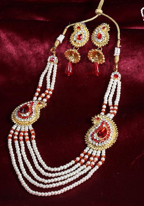 Red Gold Plated Artificial Stone And Bead Necklace Set