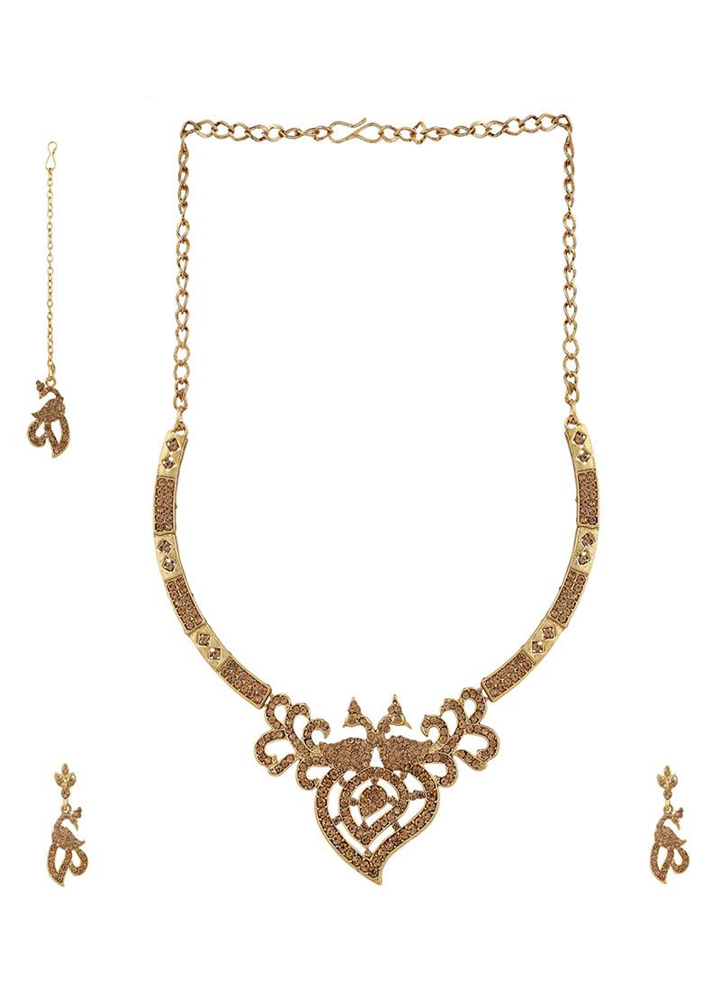 Gold Plated Artificial Stone Necklace Set With Maang Tikka
