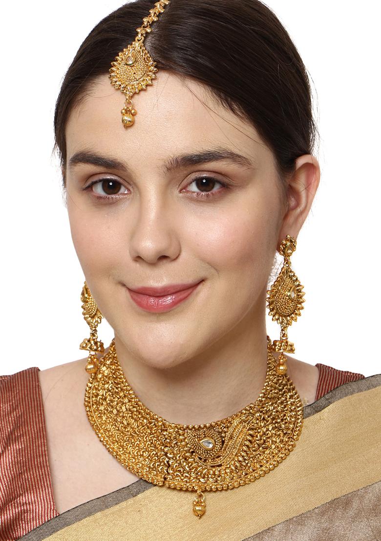 Gold Plated Cubic Zirconia Necklace Set With Maang Tikka - Indya